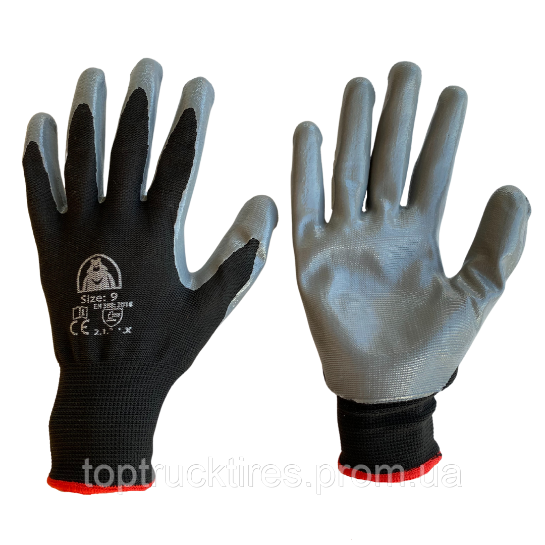 Перчатки рабочие чёрные пропитанные полиуретаном серым "Мишка" размер 9 - фото 1 - id-p1644498418