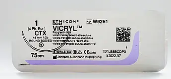 Хірургічна нитка Ethicon Vicryl (Вікріл) 1 колюча Taper Point 48 мм, 1/2 кола, 75см, W9251, від 12 шт.