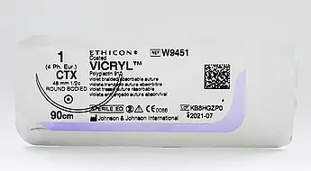 Хірургічна нитка Ethicon Vicryl (Вікріл) USP1 колюча Taper Point 48 мм, 1/2 кола, 90см W9451, від 12 шт.