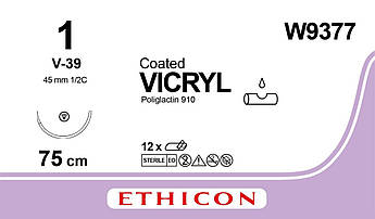 Хірургічна нитка Ethicon Vicryl (Вікріл) USP 1 колюче-ріжуча Tapercut 45 мм, 1/2 кола, фіолетовий 75см W9377, від 12 шт.