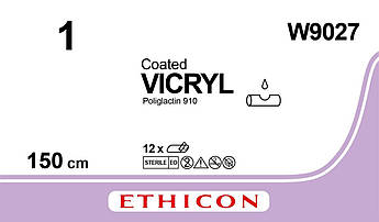 Хірургічна нитка Ethicon Vicryl (Вікріл) 1, без голки, 150 см W9027, від 12 шт.