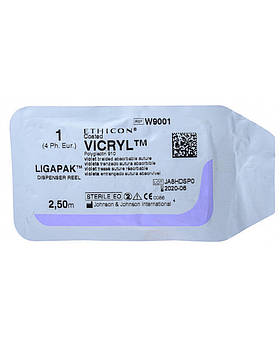 Хірургічна нитка Ethicon Vicryl (Вікріл) 1, без голки, фіолетовий, 250 см W9001, від 12 шт.