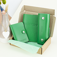 Подарунковий набір жіночий Handycover №63 (зелений) обкладинка на документи + обкладинка на паспорт + ключниця
