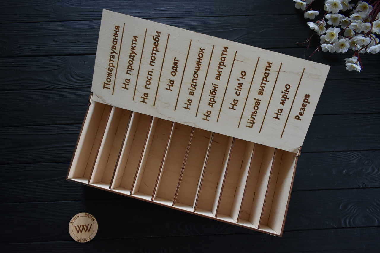 Скринька - скарбничка "Сімейний бюджет" з фанери на 10 відділень з гравіюванням, фото 1