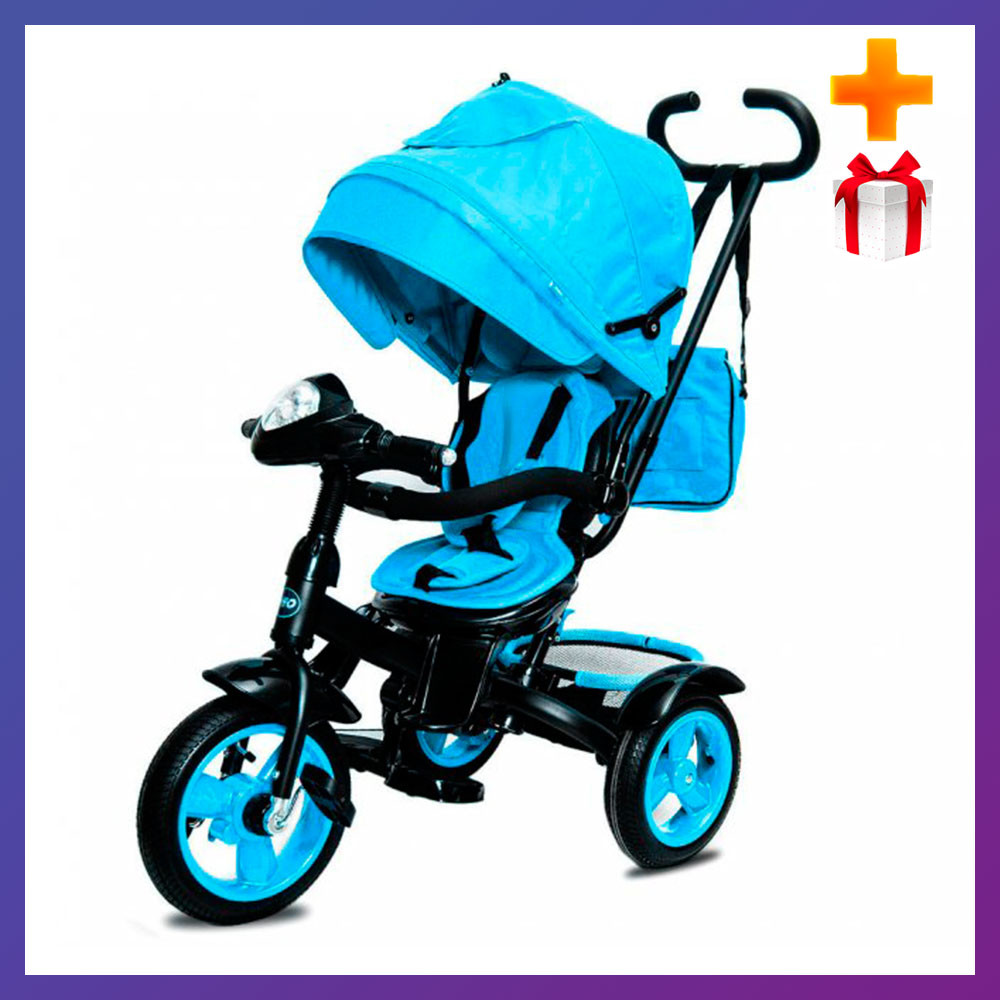 Дитячий триколісний велосипед коляска Neo 4 Air надувні колеса з фарою блакитний + Подарунок