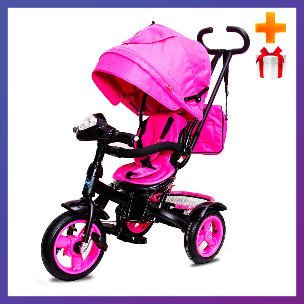 Дитячий триколісний велосипед коляска Neo 4 Air надувні колеса з фарою рожевий + Подарунок