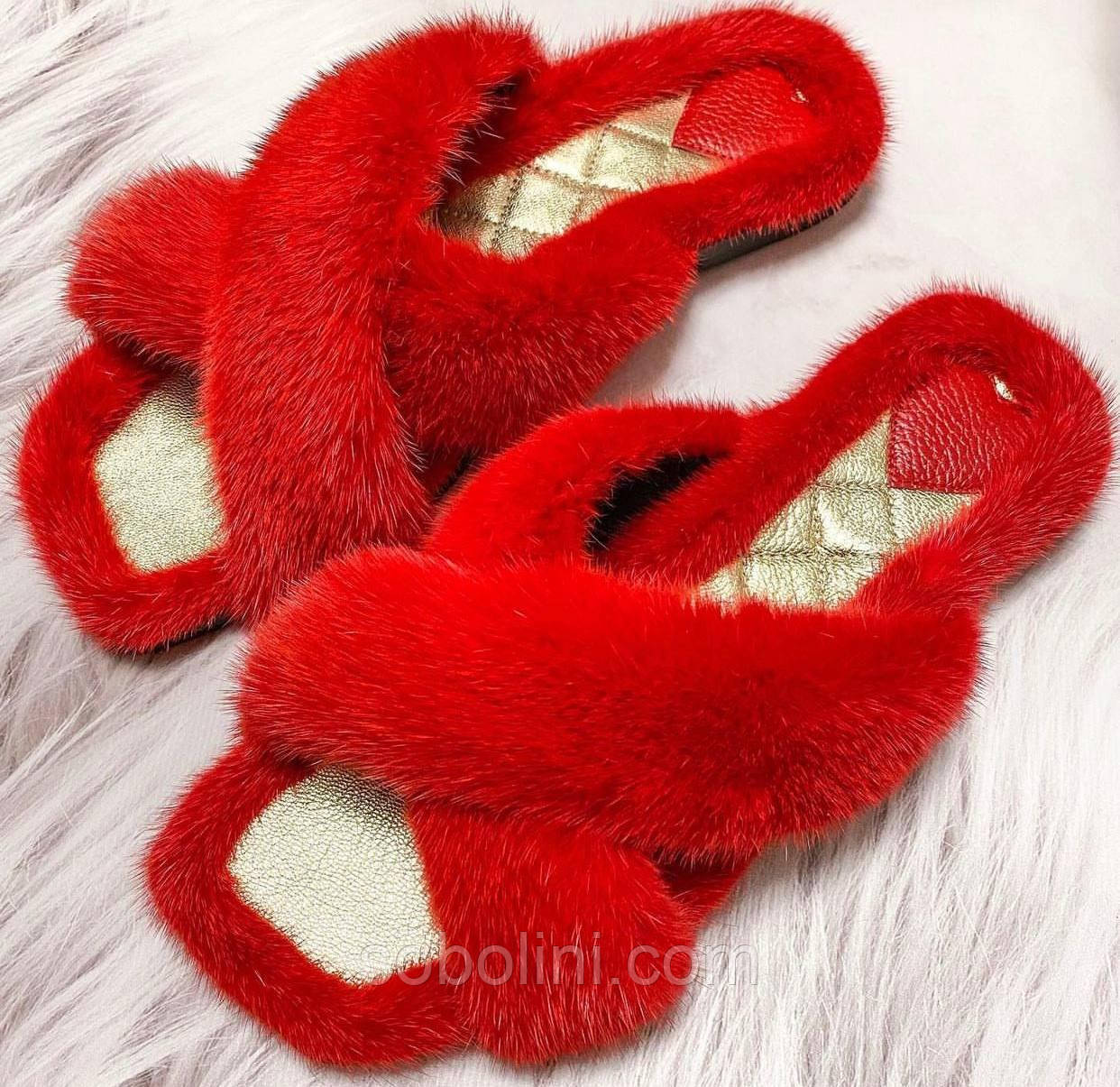 Жіночі шльопанці шкіряні з норкою, червоний колір +4 кольори, фото 1