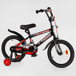 Дитячий двоколісний велосипед 16" Чорний хлопчику 5-6 років, зріст 100-115 см Corso STRIKER ручне гальмо