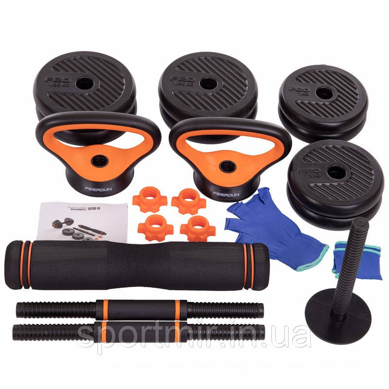 Набір гантелей зі штангою та гірами 6в1 багатофункціональний 10 кг FED SC-80016-10 2 шт. по 5 кг, фото 1