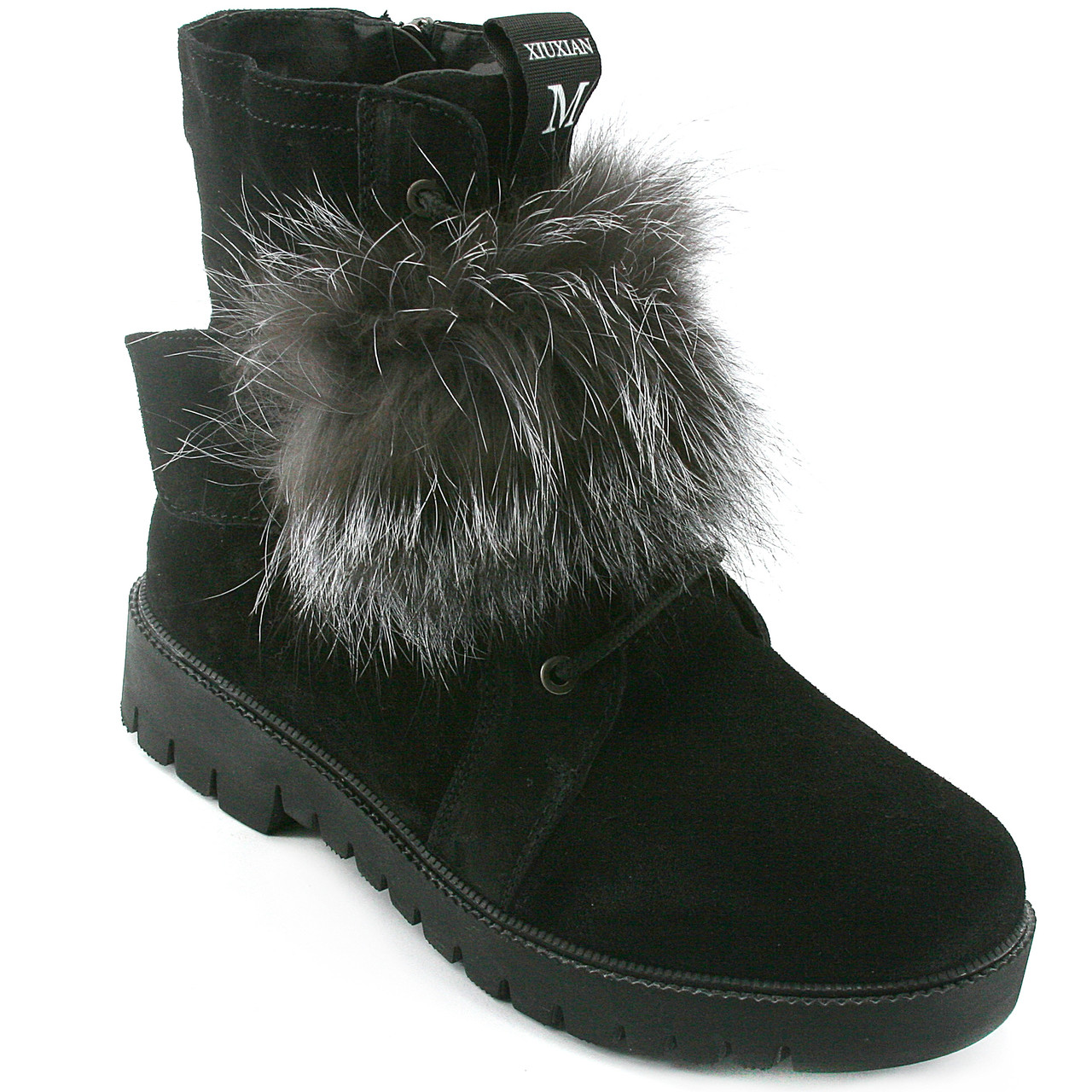 Ботинки жіночі зимові на хутро на шнуровці з чорного замка з чорнобуркою