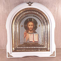 Икона Господа Вседержителя, лик 15х18 см, в белом деревянном киоте, арка