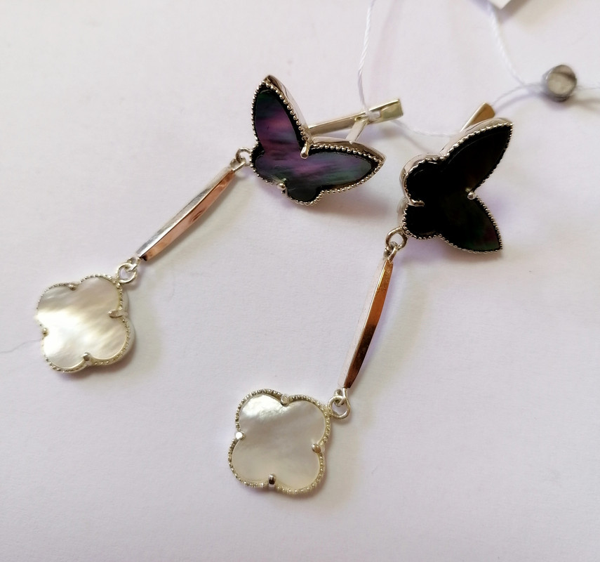 Срібні сережки із золотом і перламутром Метелик — проба 925/375, фото 1