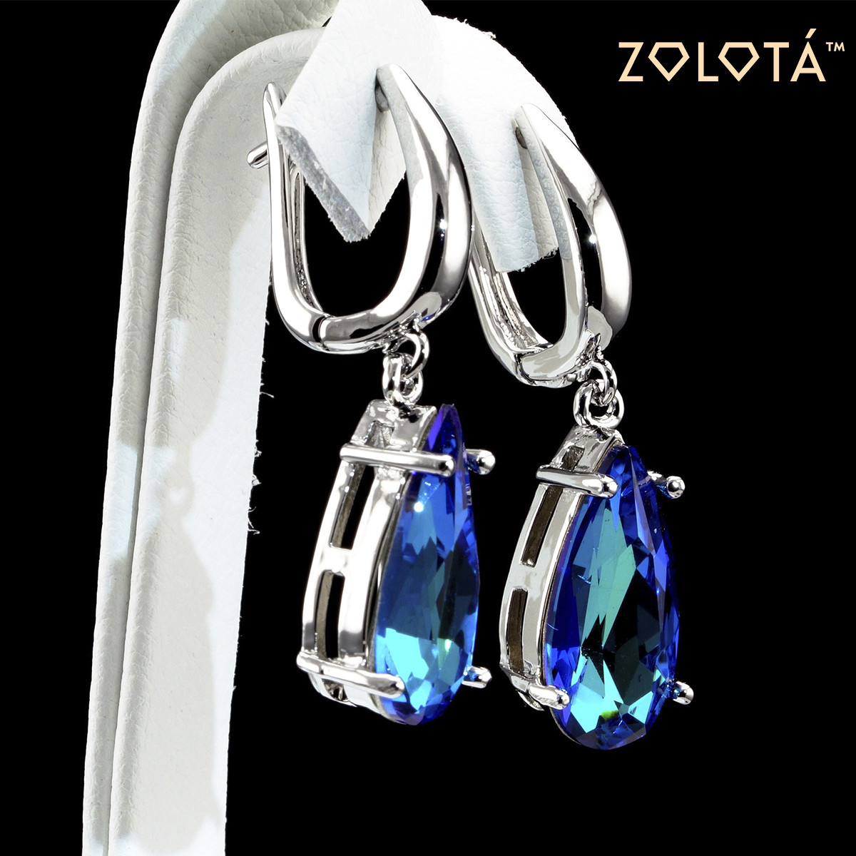 Серьги Zolota, размер 38х10 мм, кристаллы Swarovski сине-зеленого цвета, вес 6 г, родий, ЗЛ01466 (1) - фото 4 - id-p1644998575