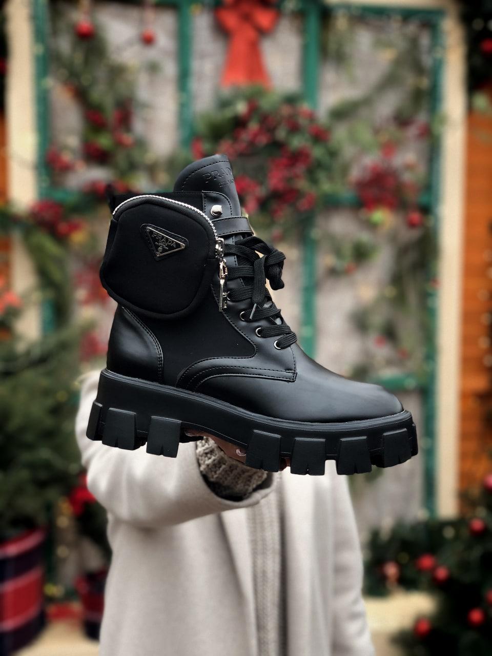 Черевики жіночі чорні зимові Prada Leather Boots Nylon Pouc м(05123)