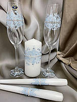 Свадебные бокалы и свечи "Веточка" Голубой