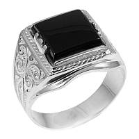 Мужской перстень серебряный с красивым узором по бокам и черным ониксом