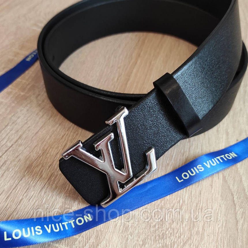 Ремінь Louis Vuitton шкіряний чорний, фурнітура глянцеве срібло, фото 1