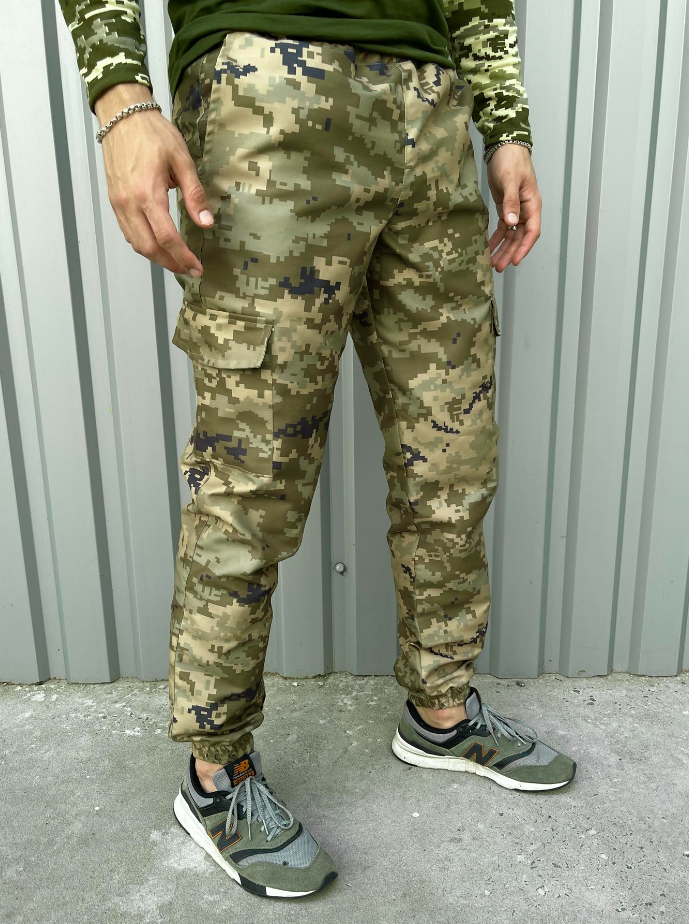 Тактичні літні чоловічі штани карго ЗСУ піксель на гумці внизу з кишенями, фото 1