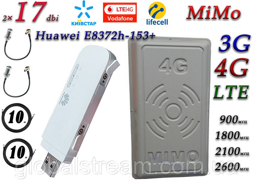 Повний комплект 4G/LTE/3G Wi-Fi Роутер Huawei E8372h-153+ і MiMo антеною 2×17 dbi Київстар, Vodafone, Lifecell