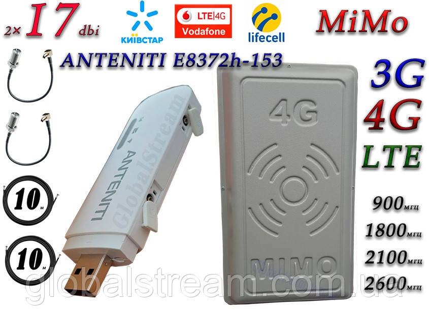 Повний комплект 4G/LTE/3G Wi-Fi Роутер ANTENITI E8372h-153 і MiMo антеною 2×17dbi Київстар, Vodafone, Lifecell