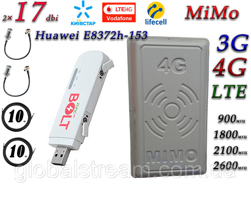 Повний комплект 4G/LTE/3G Wi-Fi Роутер Huawei E8372h-153+MiMo антеною 2×17 dbi Київстар, Vodafone, Lifecell