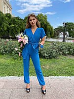Стильный женский летний комбинезон: прямые штаны и верх на запах с пояском, норма и батал большие размеры
