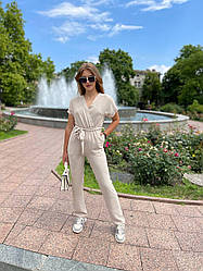 Стильний жіночий літній комбінезон: прямі штани і верх на запах з пояском, норма і батал великі розміри