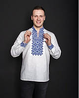 Домотканая вышитая украинская рубашка Святослав, белая нарядная вышиванка с голубым орнаментом мужская, 2XL