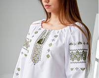 Белая блузка стильная с вышивкой зеленого цвета, Вышитая взрослая этническая одежда XS