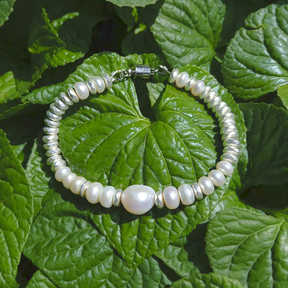 Браслет Натуральный Барочный Жемчуг и Матовый Серебристый Гематит D-5 ...