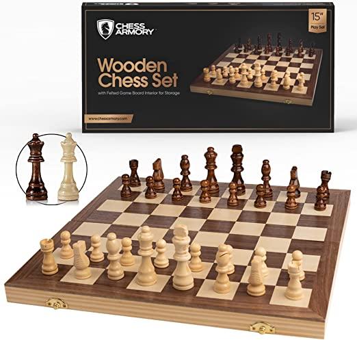 Шаховий набір Chess Armory 15" x 15" Дерев'яний шаховий набір для подорожей - Складаний набір шахової дошки, шахові фігури Стонтон