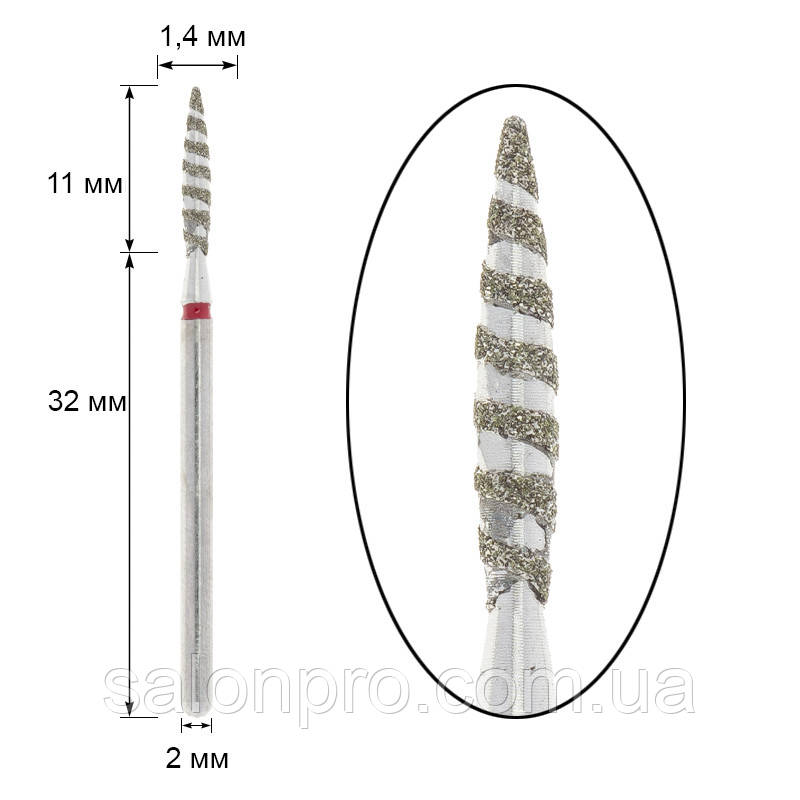 Фреза алмазна - полум'я торнадо діаметр 1,4 мм, робоча частина 11 мм, червона