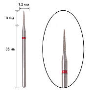 Фреза алмазная - цилиндр, стрельчатый конец, диаметр 1,2 мм, рабочая часть 8 мм, красная