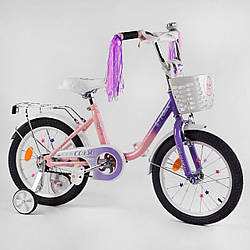 Дитячий двоколісний велосипед 16" Фіолетово-рожевий 5-6 років, зріст 100-115 см кошик, багажник CORSO Fleur