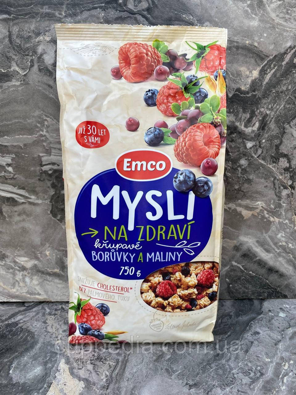 Мюслі Emco Crunchy Muesli з малиною і лохиною без пальмової олії 750 грм, фото 1