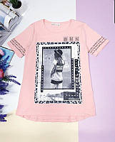 Детская подростковая футболка для девочек с обьемным рисунком и стразами, в пудровом цвете