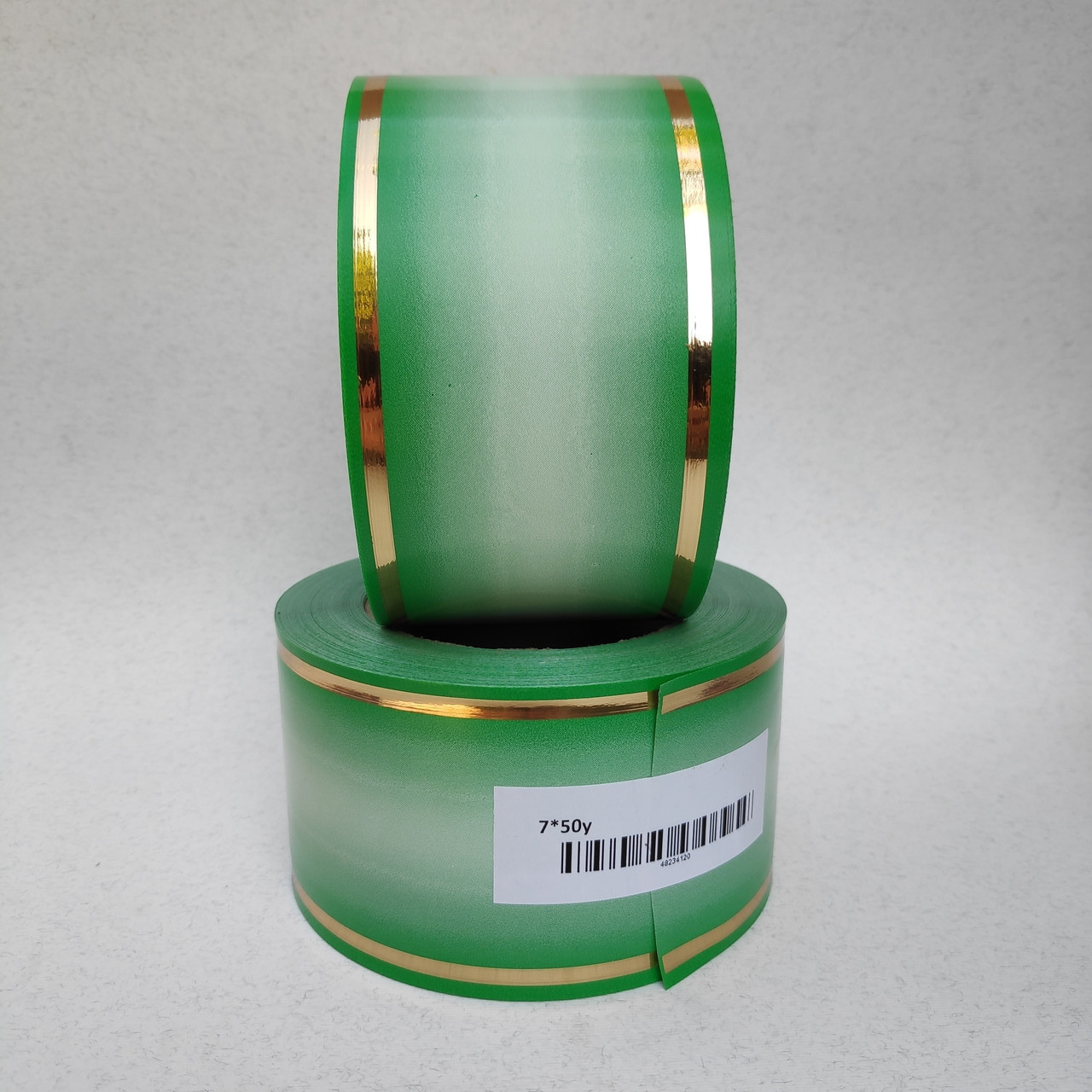 Стрічка ритуальна, 3D, колір біло-зелений, ЗОЛОТО - 7см