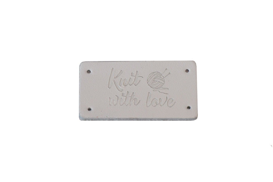 Бірка шкіряна пришивна "Knit with love" 20*40мм, біла, нат. шкіра, фото 1