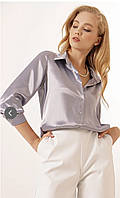 Блузка Рубашка женская классическая шелковая офисная однотонная серая