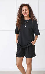 Костюм трикотажний жіночий літній чорний футболка та шорти розмір 46-48