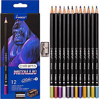 Набор цветных карандашей Marco 12 цветов с металлическим блеском + точилка