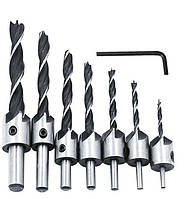 Набір з 7 свердл із зенкером по дереву 3-10ммм, циліндричних