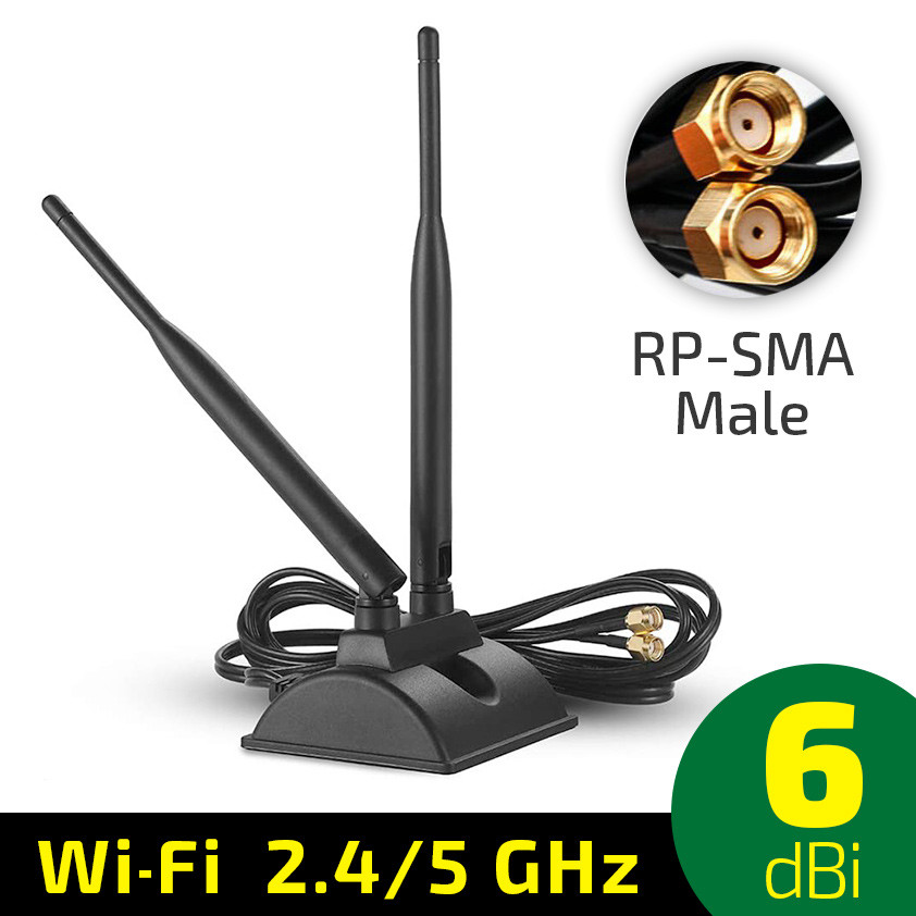 Антенна парована WiFi 2.4-5.8GHz 6dBi RP SMA Male, на підставці з магнітом, для роуторів, модемів
