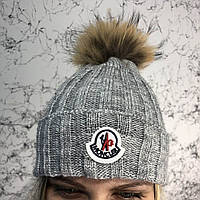 Жіноча Шапка Moncler Winter Hat Knitted Pompon Gray / Женская Шапка Moncler Winter Hat Knitted Pompon Gray