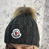 Жіноча Шапка Moncler Winter Hat Knitted Pompon / Женская Шапка Moncler Winter Hat Knitted Pompon Dark Gray