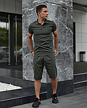 Літній чоловічий лляний комплект футболка поло та шорти хакі, фото 8