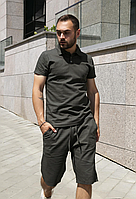 Літній чоловічий лляний комплект футболка поло та шорти хакі