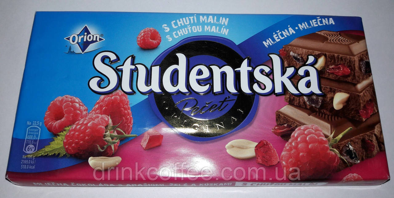 Шоколад ORION Studentska молочний з арахісом і малиною, 180 г, фото 1
