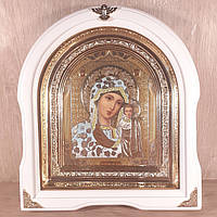 Икона Казанская Пресвятая Богородица  лик 15х18 см, в белом деревянном киоте, арка