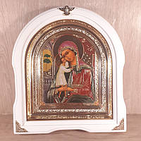 Икона Взыскание Погибших Пресвятая Богородица, лик 15х18 см, в белом деревянном киоте, арка